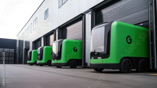 Sustainable e-commerce logistics with electric delivery vans and green warehouses. - photo