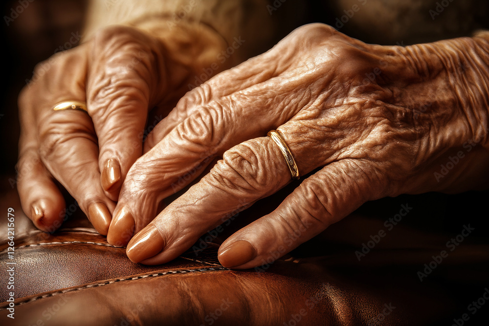 Fototapeta premium A close-up of an elderly woman's hands, showing the fine wrinkles and aged texture of her skin, her hands adorned with delicate gold rings