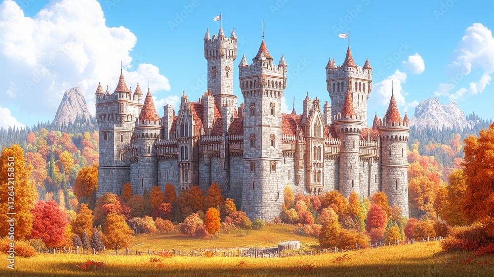 Fototapeta premium Majestic Fortress Amidst Autumnal Splendor A Medieval Castle Surrounded by Vibrant Fall Foliage Under a Clear Sky
