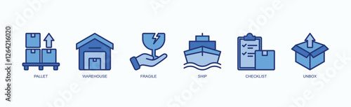 Logistics And Shipping Icons Icon Set Isolated Vector Illustration Concept With Icon Of Pallet, Warehouse, Fragile, Ship, Checklist, Unbox In Blue Style