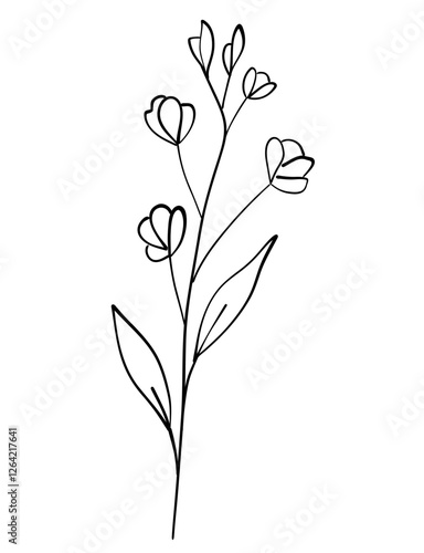 tiny wild flowers and plants line art botanical illustrations. Trendy greenery hand draw lines black ink sketches. vector illustration
