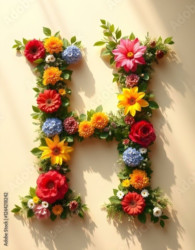 letter,HA, floral, flowers, vibrant, colorful, artistic, elegant, design, organic, natural, red, yellow, pink, blue, white, blooms, green, leaves, accents, beige, background, soft, texture, warm, 