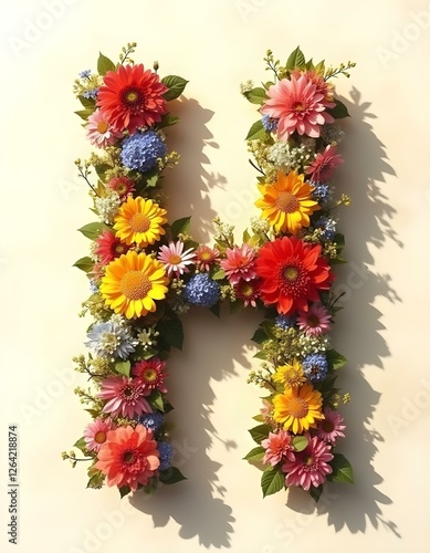 letter,HA, floral, flowers, vibrant, colorful, artistic, elegant, design, organic, natural, red, yellow, pink, blue, white, blooms, green, leaves, accents, beige, background, soft, texture, warm, 
