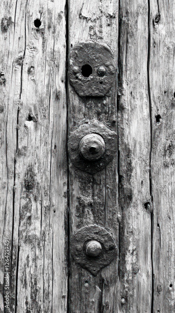 Fototapeta premium Close-up of weathered wood planks with three aged metal fasteners.