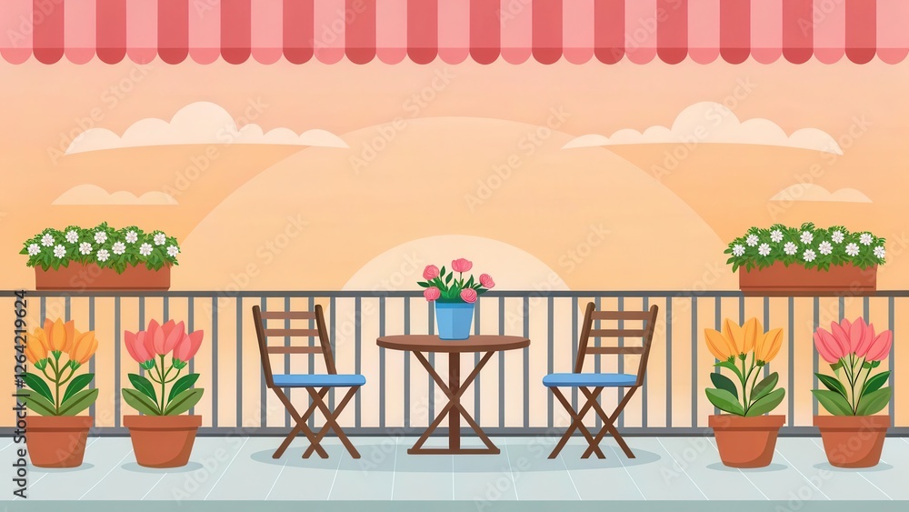 Obraz premium Create an Airy Balcony Adorned With Colorful Potted Flowers in a Serene Sunset Atmosphere. Generative AI