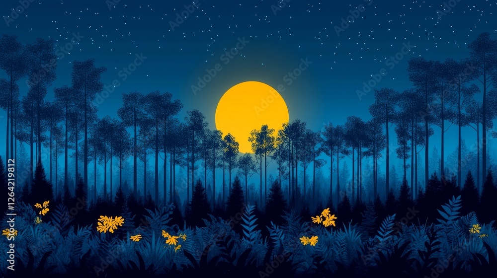 Naklejka premium Pixelated Forest Landscape with Glowing Fireflies and Full Moon Under Starry Night Sky in Retro Game Style Concept Art