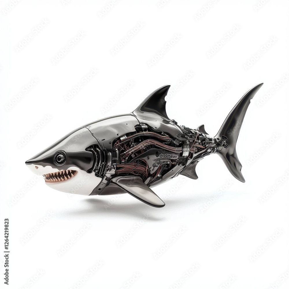 Fototapeta premium biomechanical shark with sleek metallic body showcases intricate design and engineering. This unique creature blends nature and technology