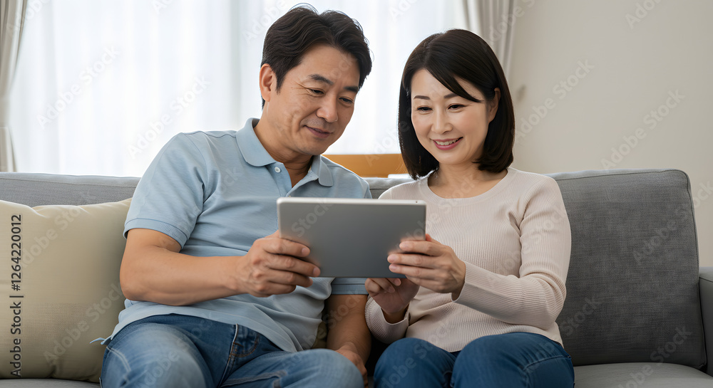 ソファでくつろぎながら、二人でタブレットを楽しむ夫婦
ソファでくつろぎながら、二人でタブレットを楽しむ夫婦