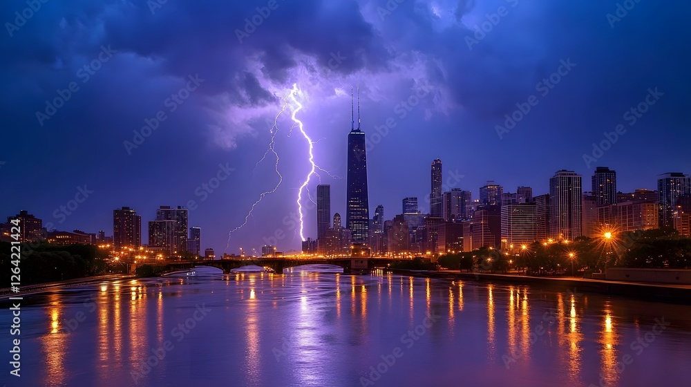 Obraz premium Powerful lightning bolt strikes chicago skyline urban landscape photography night view