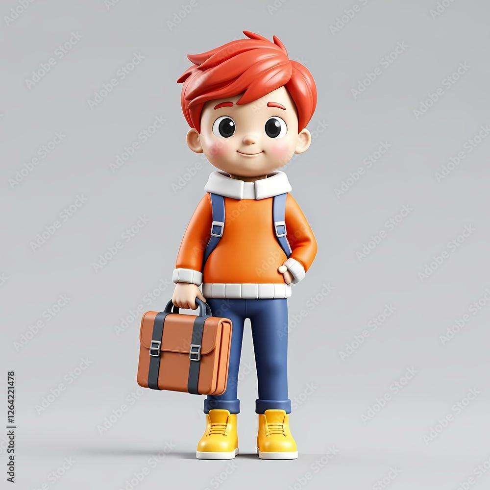 A child with red hair and an orange sweater is holding a briefcase. A child with red hair and an orange sweater is holding a briefcase.