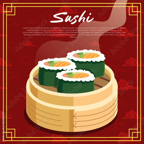 Sushi in a bamboo steamer with a red cloud Chinese background vector illustration