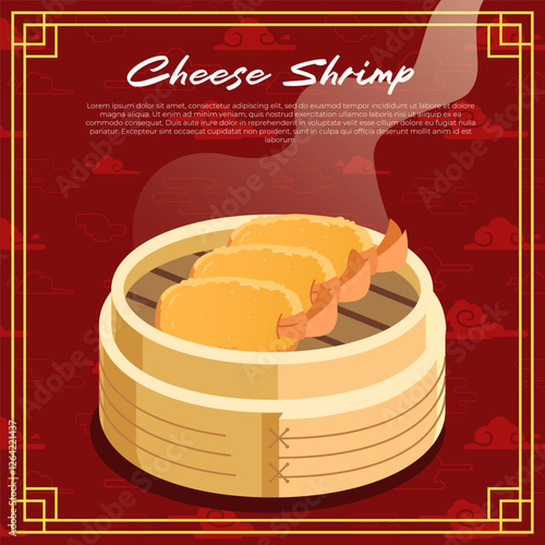 Udang Keju in a bamboo steamer with a red cloud Chinese background vector illustration