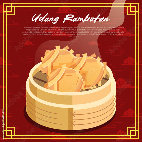 Udang rambutan in a bamboo steamer with a red cloud Chinese background vector illustration