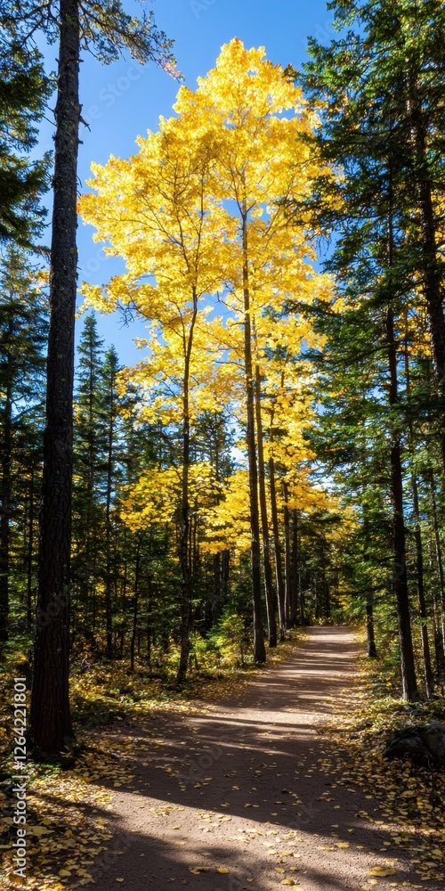Fototapeta premium A serene forest path lined with tall trees showcasing vibrant yellow leaves against a clear blue sky.