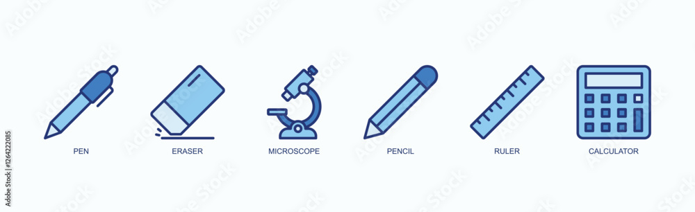 Education And Study Tools Icon Set Icon Set Isolated Vector Illustration Concept With Icon Of Pen, Eraser, Microscope, Pencil, Ruler, Calculator In Blue Style Education And Study Tools Icon Set Icon Set Isolated Vector Illustration Concept With Icon Of Pen, Eraser, Microscope, Pencil, Ruler, Calculator In Blue Style