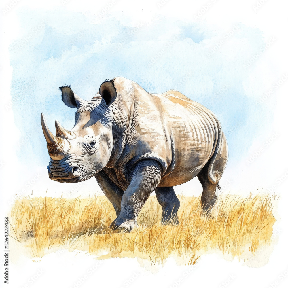 Fototapeta premium Rhino with great power, walking proudly in field