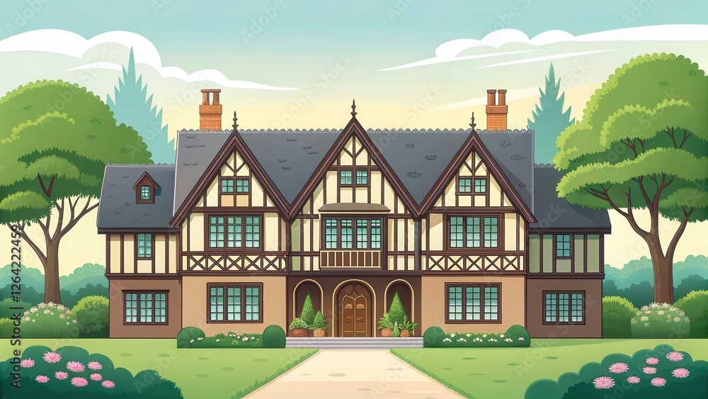 Naklejka premium Impressive Tudor Style Mansion Surrounded by Vibrant Greenery at Midday. Generative AI