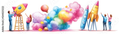 Colorful Concept Illustration of Children Building Rockets and Launching Balloons in a Fun and Whimsical Environment with Cotton Candy Clouds photo