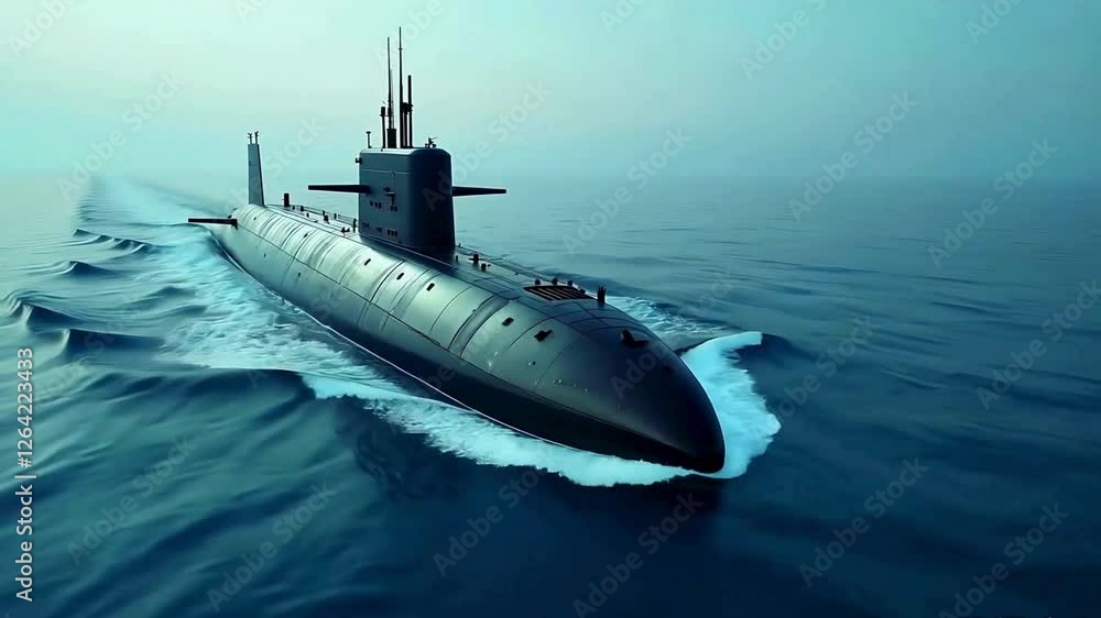 Nuclear submarine at sea at sunset. Submarine fleet Nuclear submarine at sea at sunset. Submarine fleet