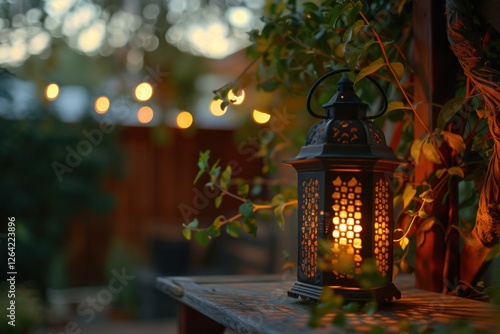 Warm Lantern Glowing in Cozy Outdoor Setting at Dusk photo