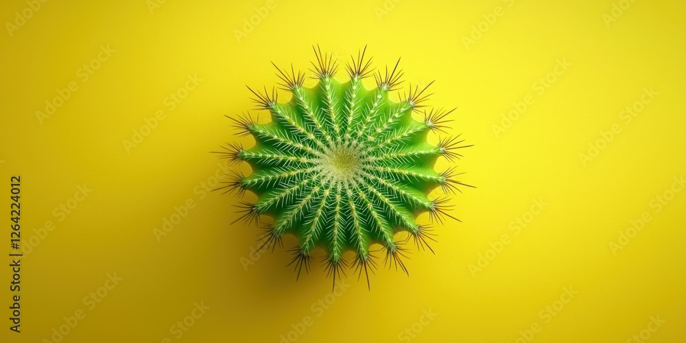 A vibrant green cactus sits against a bright yellow background, showcasing its intricate spines and symmetrical patterns. A vibrant green cactus sits against a bright yellow background, showcasing its intricate spines and symmetrical patterns.
