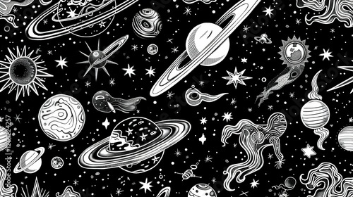 A whimsical black and white illustration of planets, stars, and cosmic elements in outer space