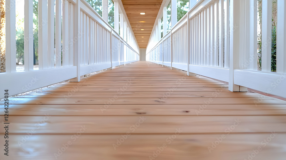 Fototapeta premium Wooden walkway, white railings, bright hallway, perspective view, real estate