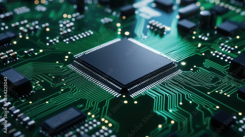 Detailed close-up of a modern microchip on a green printed circuit board with intricate electronic components Detailed close-up of a modern microchip on a green printed circuit board with intricate electronic components