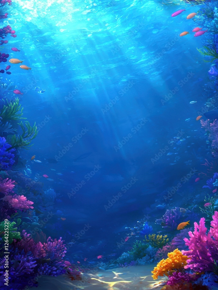 Fototapeta premium A vibrant underwater scene featuring colorful corals, shimmering light rays, and a tranquil blue background, showcasing the beauty of marine life.