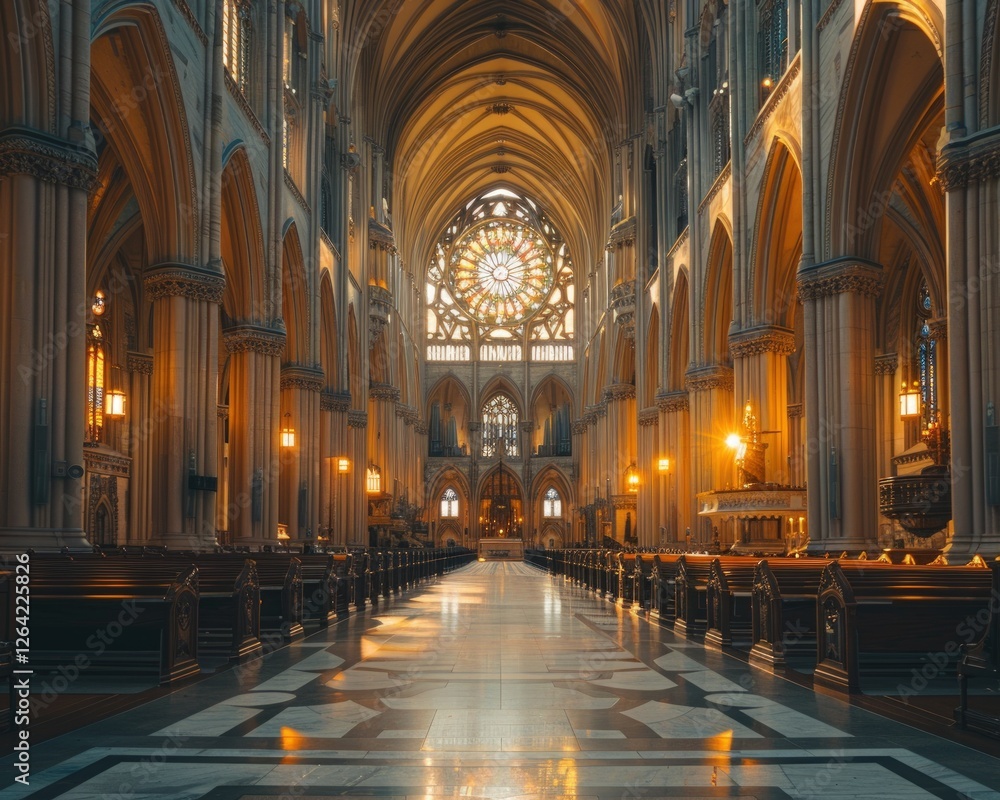 Majestic cathedral interior, showcasing intricate architecture, stained glass rose window, and rows of pews. Sunlight streams through, illuminating the marble floor. Majestic cathedral interior, showcasing intricate architecture, stained glass rose window, and rows of pews. Sunlight streams through, illuminating the marble floor.