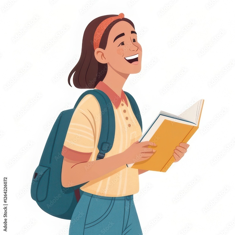 Happy Student Girl Reading Book Backpack - Flat design illustrations Happy Student Girl Reading Book Backpack - Flat design illustrations