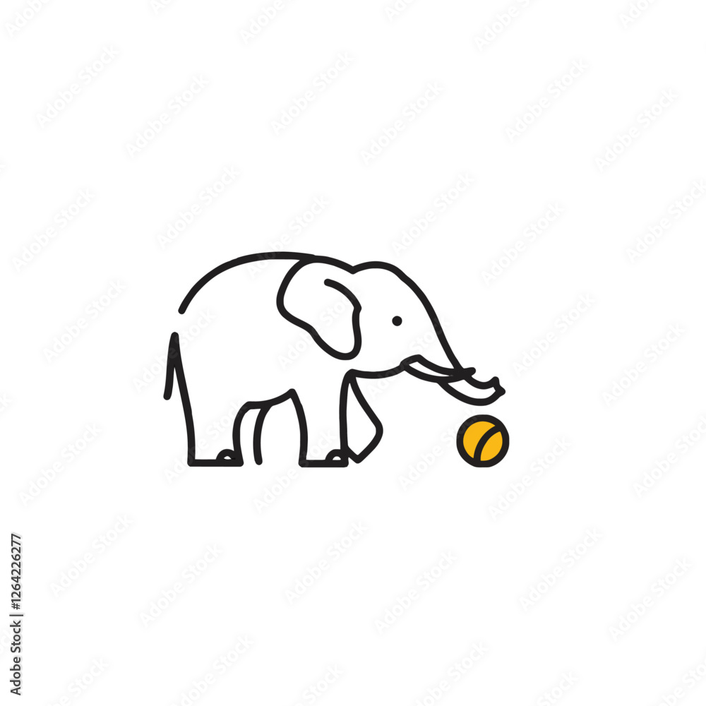 Obraz premium Minimalist Illustration of Elephant Playing With a Yellow Ball on White Background