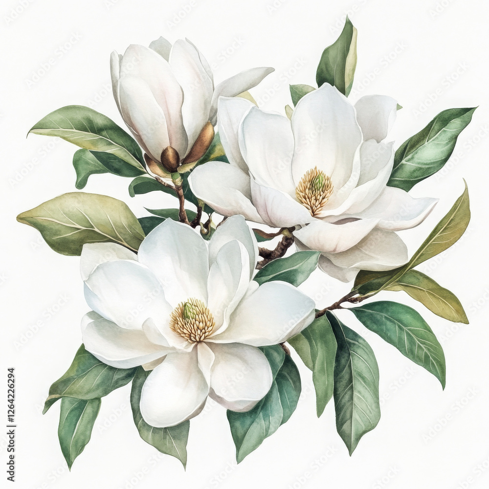 Elegant white magnolia illustration painted in boho style makes you calm Elegant white magnolia illustration painted in boho style makes you calm