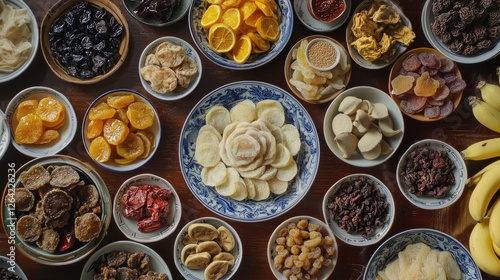 A variety of Chinese snacks and dried fruits neatly arranged on a table. Copy space.