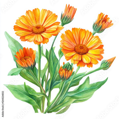 Illustration of orange calendula flowers looks fresh and attractive