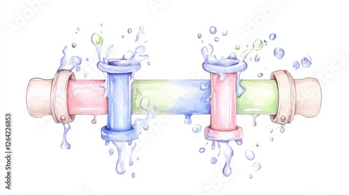 Colorful plumbing pipes with splashing water, whimsical design, creative illustration for home improvement, repairs, or plumbing service visuals photo