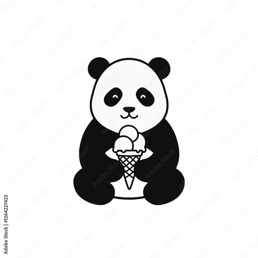 Cute Panda Holding Ice Cream Cone with Scoops in Whimsical Black White Art Cute Panda Holding Ice Cream Cone with Scoops in Whimsical Black White Art