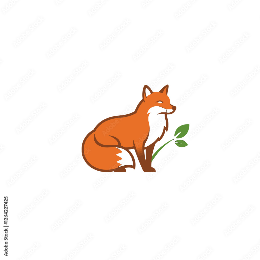 Illustration of a Sitting Fox with a Green Plant Illustration of a Sitting Fox with a Green Plant