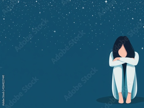 Woman Sitting Alone Under Starry Night Sky, Embracing Solitude and Contemplation, Expressing Emotions of Loneliness and Reflection in Digital Art photo