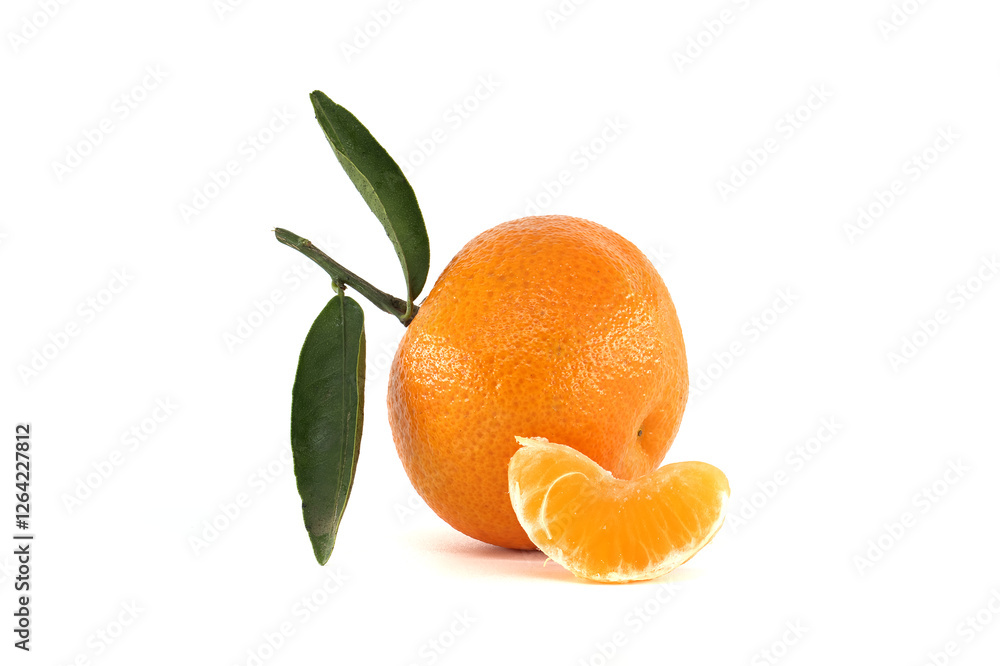 Fresh Orange with Leaves on White Background and Orange Slice Display