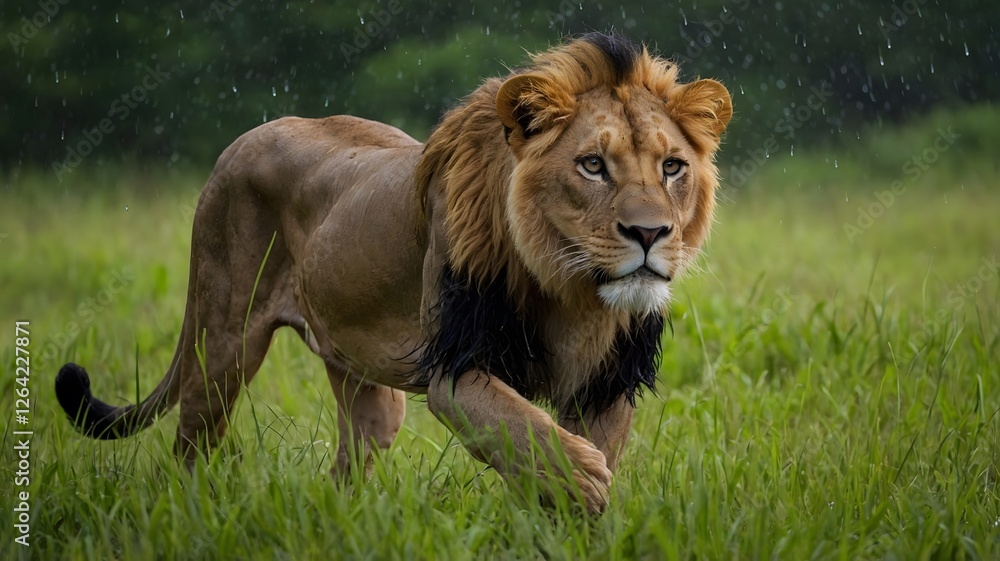Panthera leo melanochaita Stalking Prey in a Lush Savannah After a Refreshing Rainstorm Panthera leo melanochaita Stalking Prey in a Lush Savannah After a Refreshing Rainstorm