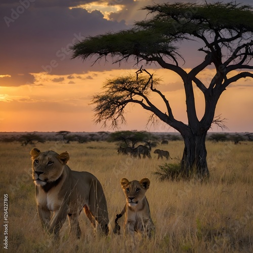 Panthera leo melanochaita Pride Gathered at a Watering Hole at Dusk with Playful Cubs photo