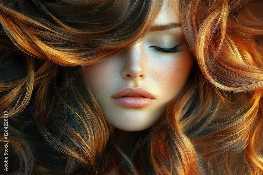 Fototapeta premium Woman With Long Flowing Hair Captured in a Photorealistic Artistic Style Showcasing Texture and Color. Generative AI
