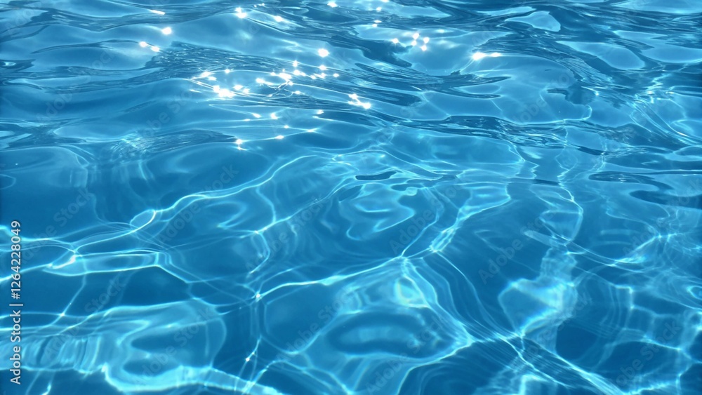 Blue and bright water surface with sun reflection in swimming pool for background. blue water wave texture background. Pure blue turquoise water texture of the ocean sea with foam from waves Blue and bright water surface with sun reflection in swimming pool for background. blue water wave texture background. Pure blue turquoise water texture of the ocean sea with foam from waves