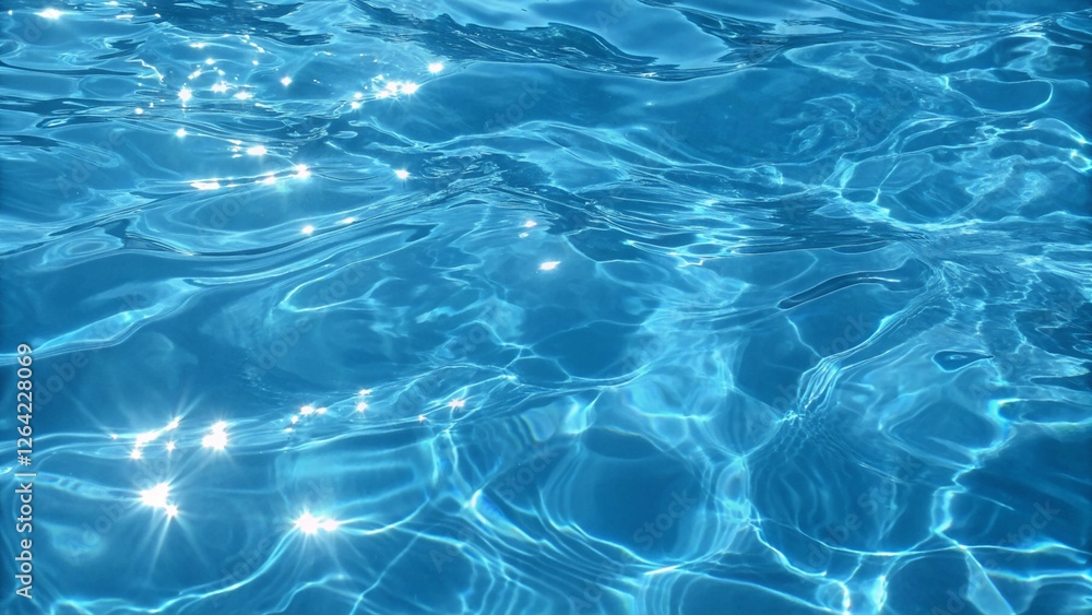 Blue and bright water surface with sun reflection in swimming pool for background. blue water wave texture background. Pure blue turquoise water texture of the ocean sea with foam from waves Blue and bright water surface with sun reflection in swimming pool for background. blue water wave texture background. Pure blue turquoise water texture of the ocean sea with foam from waves