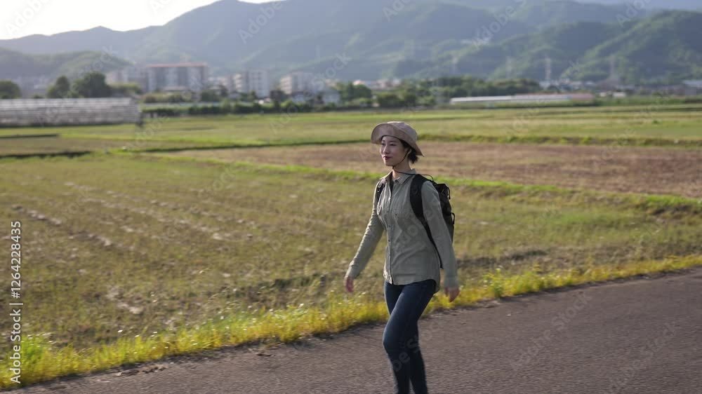 春の田園地帯を歩く女性のトラッキングショット 春の田園地帯を歩く女性のトラッキングショット