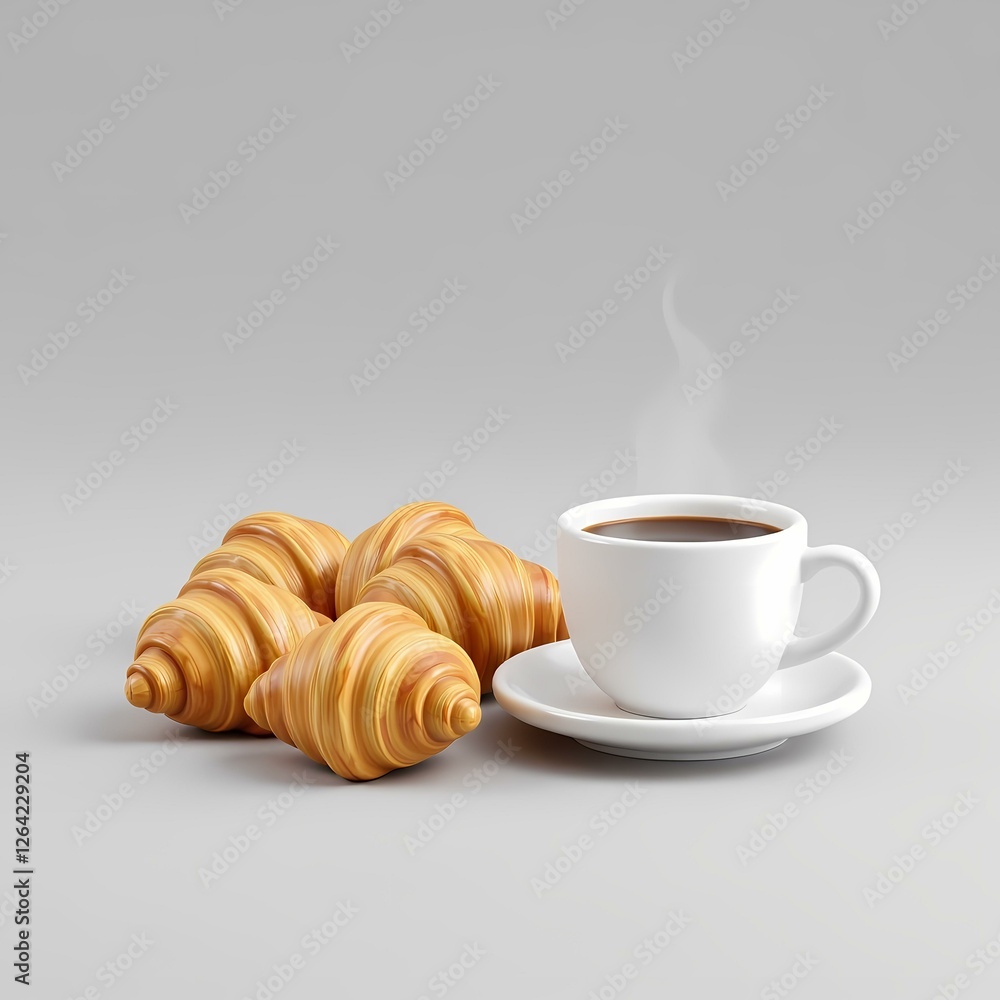 A cup of coffee with three croissants on display. A cup of coffee with three croissants on display.