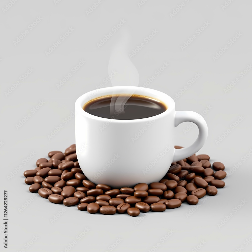 Fototapeta premium A cup of hot coffee in on top of roasted beans.