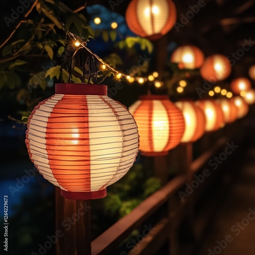 Illuminated paper lanterns hang along a wooden fence at night, creating a warm, festive ambiance. photo