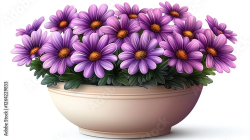 Vibrant purple daisies in a decorative bowl, showcasing floral beauty and lush greenery
